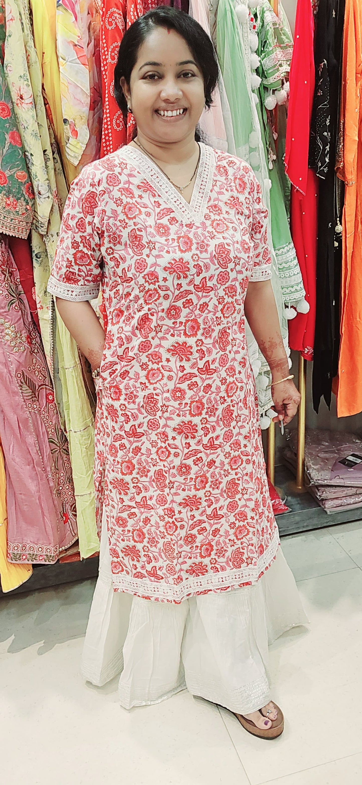 White Red Cotton Lace Rapid Print Straight Kurti