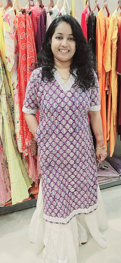 Purple Cotton Lace Rapid Print Straight Kurti