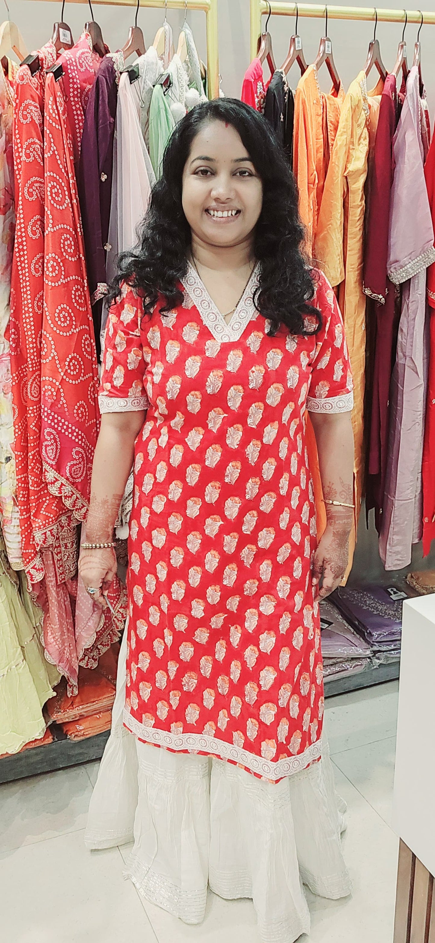Red Cotton Lace Rapid Print Straight Kurti
