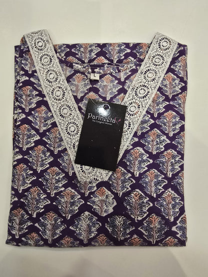 Purple Cotton Lace Rapid Print Straight Kurti