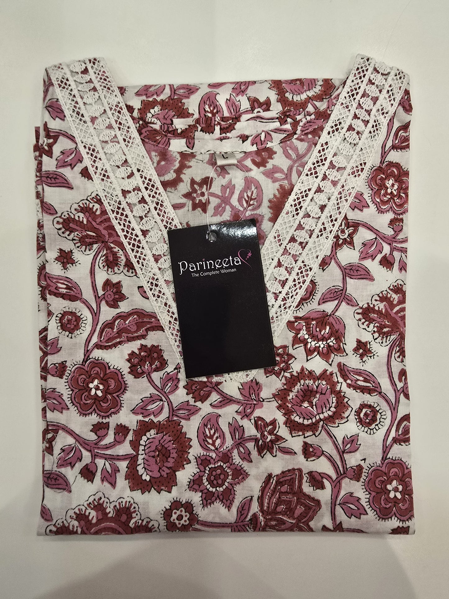 White Red Cotton Lace Rapid Print Straight Kurti