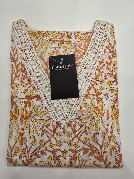 Multi Colour Cotton Lace Rapid Print Straight Kurti