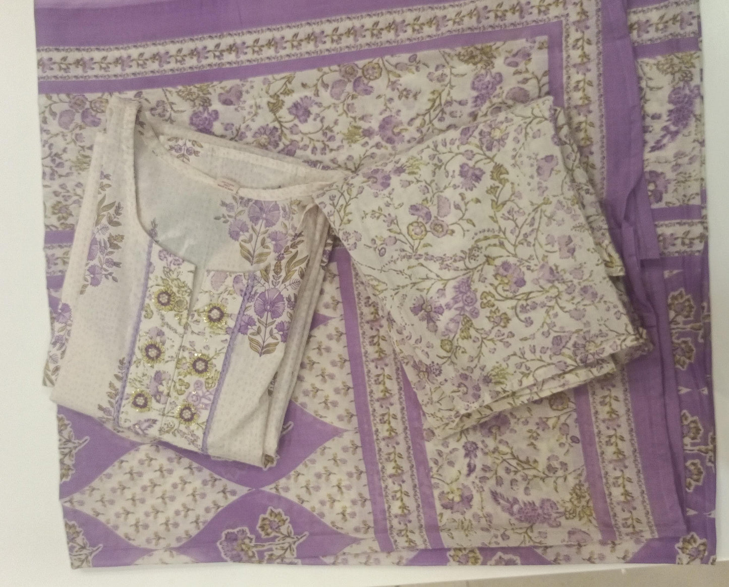 White Purple Cotton Full Suit