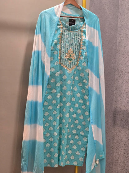 Green Cotton Full Suit with Beads & Gota Patti Work
