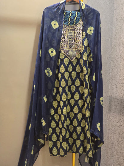 Blue Cotton Full Suit with Embroidery & Chiffon Dupatta