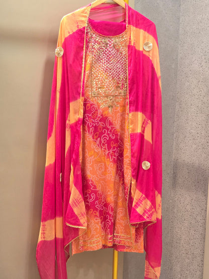 Orange Pink Bandhani Cotton Full Suit with Embroidery