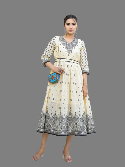 Ivory Printed Cotton Frock