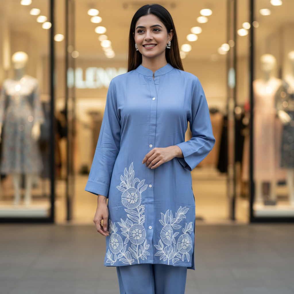 Blue Embroidered Co-ord Set