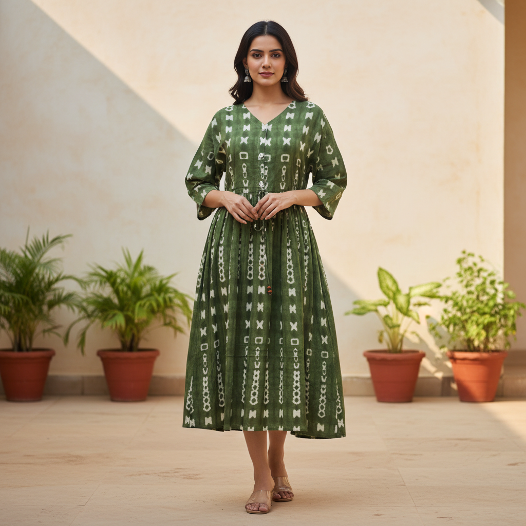 Olive green geometric print cotton one piece with V-neck, front buttons and tie-up waist, front view
