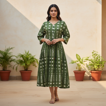 Olive green geometric print cotton one piece with V-neck, front buttons and tie-up waist, front view