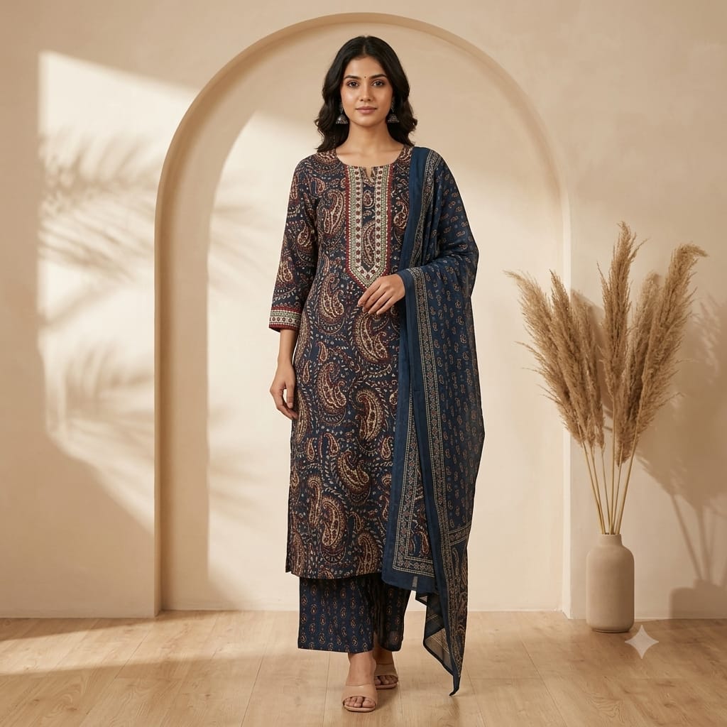 Navy blue paisley print cotton full suit with embroidered yoke, printed palazzo and dupatta