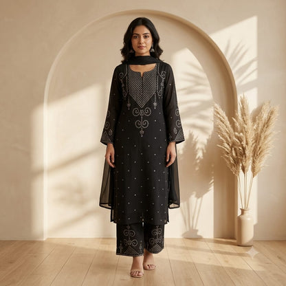 Black Bandhani print mul cotton A-line full suit with printed palazzo and dupatta