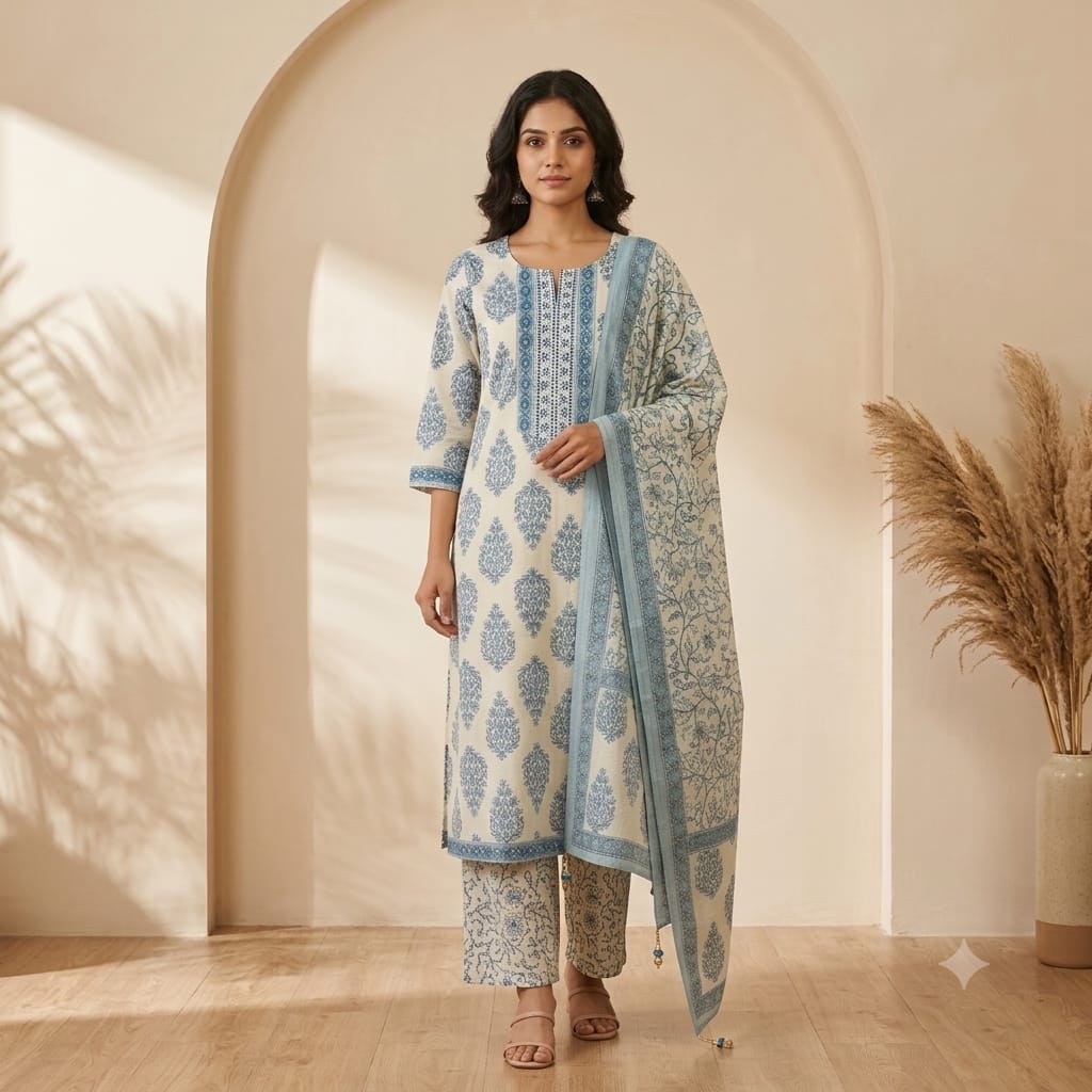 Blue floral print cotton full suit on a white base with embroidered yoke, palazzo and dupatta
