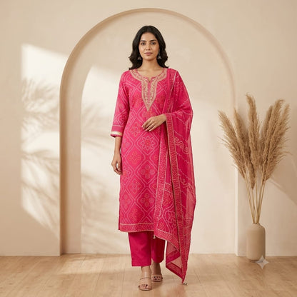 Rani pink Bandhani print cotton full suit with gold-tone embroidered yoke, palazzo and dupatta