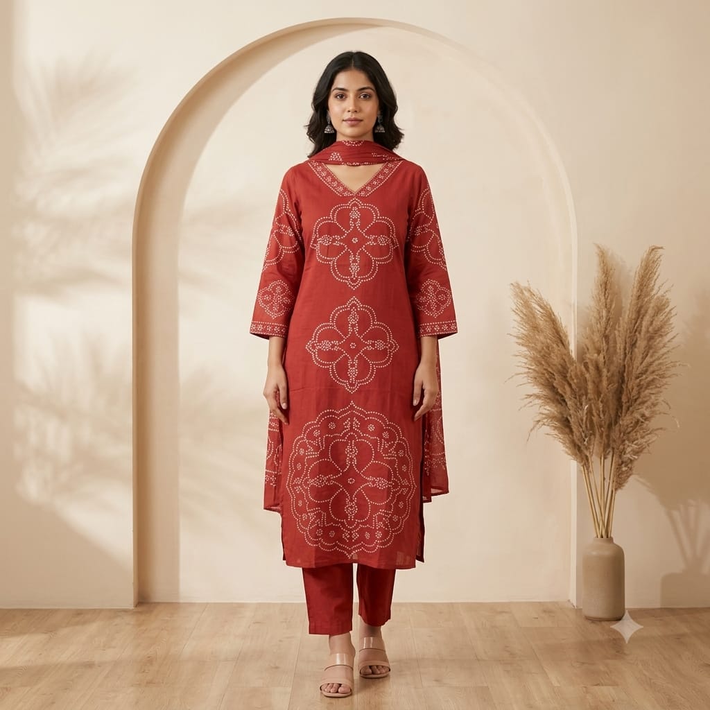 Rust Bandhej print cotton full suit with V-neck kurti, solid rust pant and Bandhej print dupatta