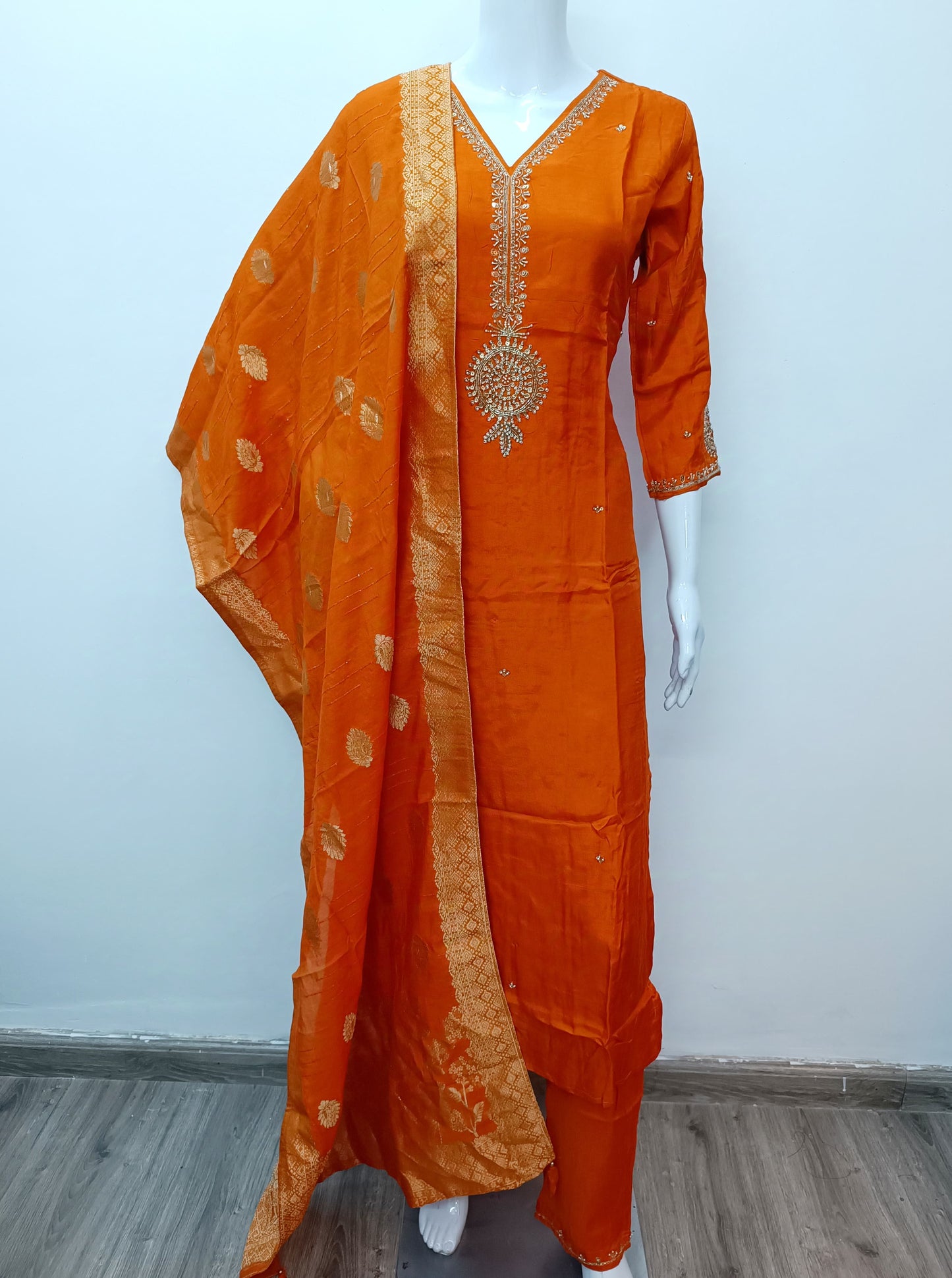 Beautiful Pink/Orange Silk Full Suit With Brocade Dupatta