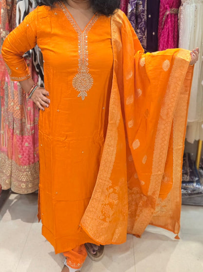 Beautiful Pink/Orange Silk Full Suit With Brocade Dupatta