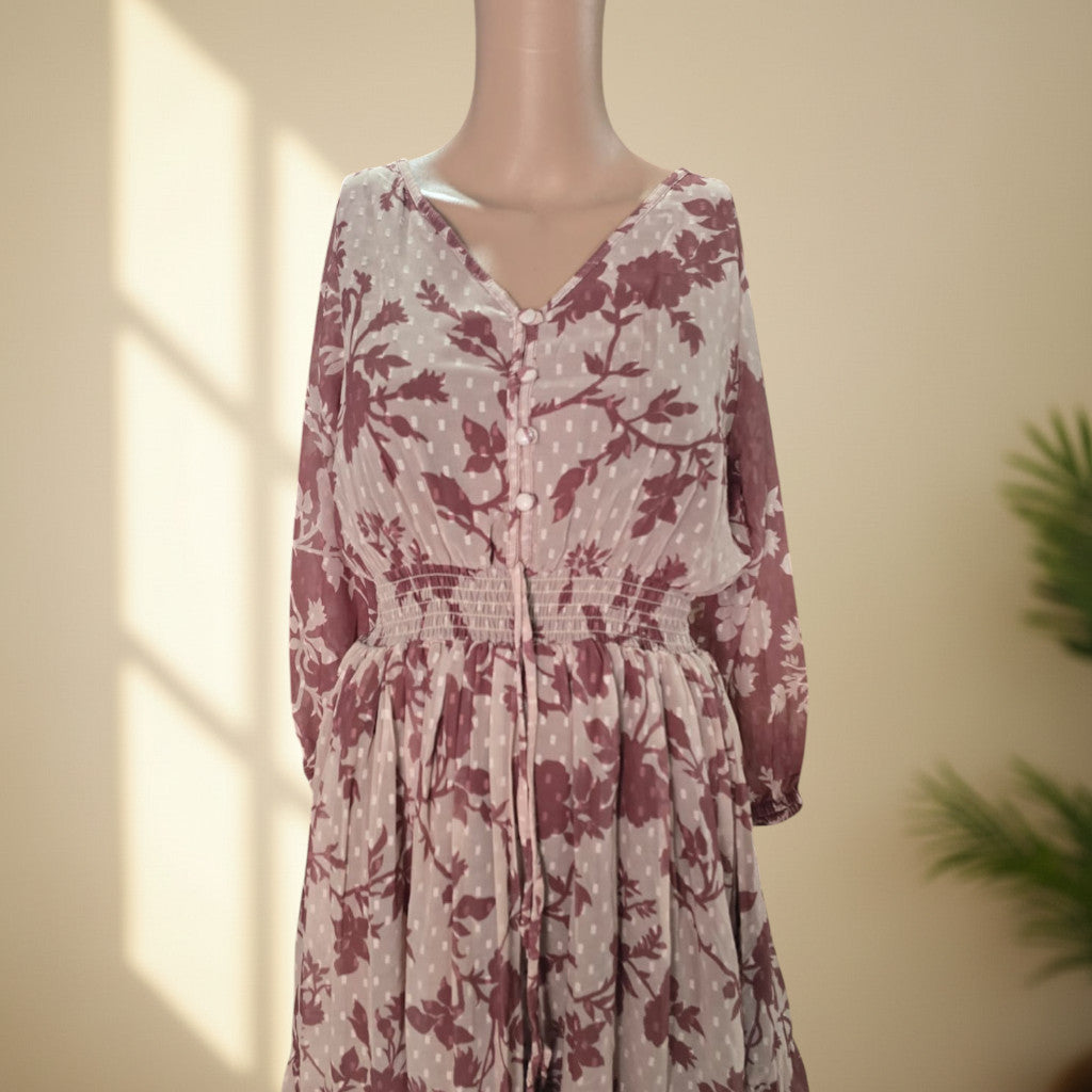 Brown Floral Dobby Georgette Smocked One Piece