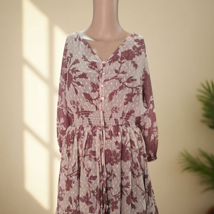 Brown Floral Dobby Georgette Smocked One Piece
