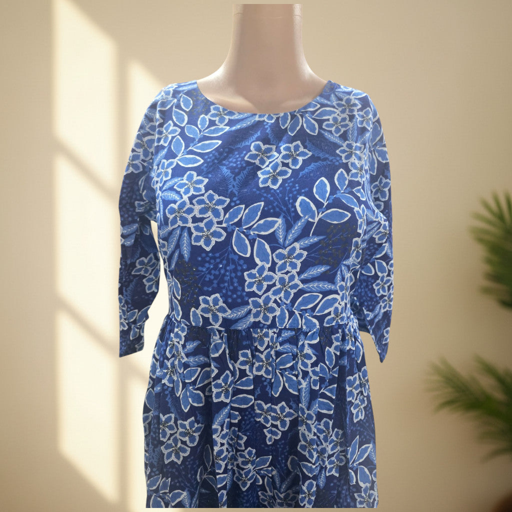 Blue Floral Print Cotton One Piece