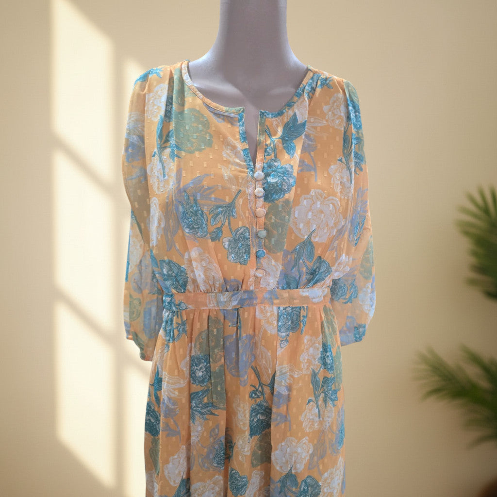 Mustard Floral Dobby Georgette Belted One Piece