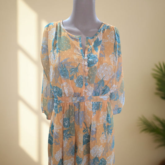 Mustard Floral Dobby Georgette Belted One Piece