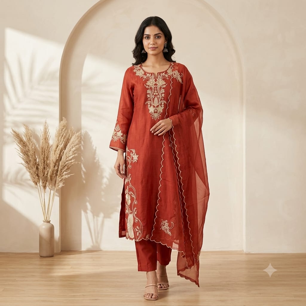 Mul Chanderi Embroidered Full Suit with Scalloped Dupatta