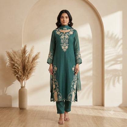 Mul Chanderi Embroidered Full Suit with Scalloped Dupatta