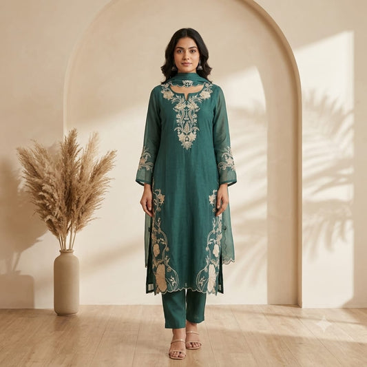 Mul Chanderi Embroidered Full Suit with Scalloped Dupatta