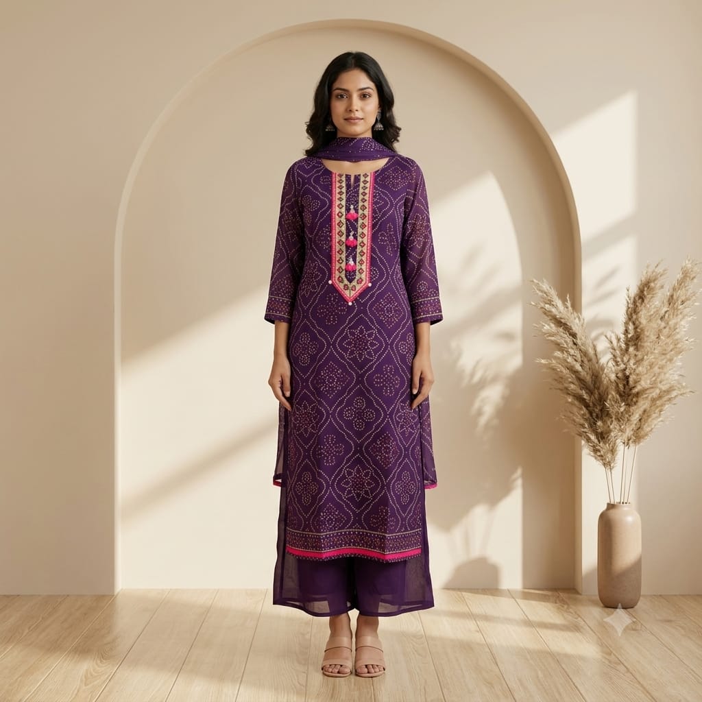 Purple Bandhani print cotton full suit with tassel yoke, palazzo and dupatta
