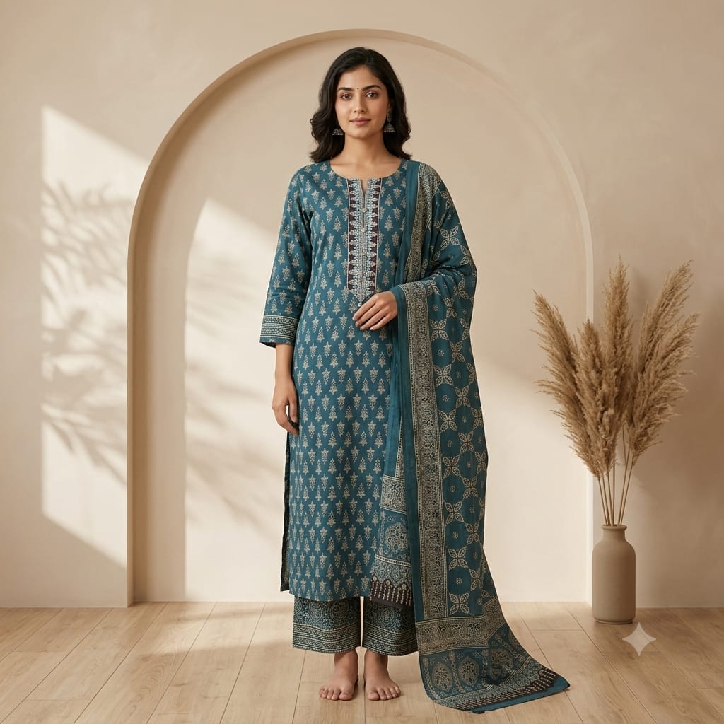 Teal buti print cotton full suit with embroidered yoke, printed palazzo and cotton dupatta