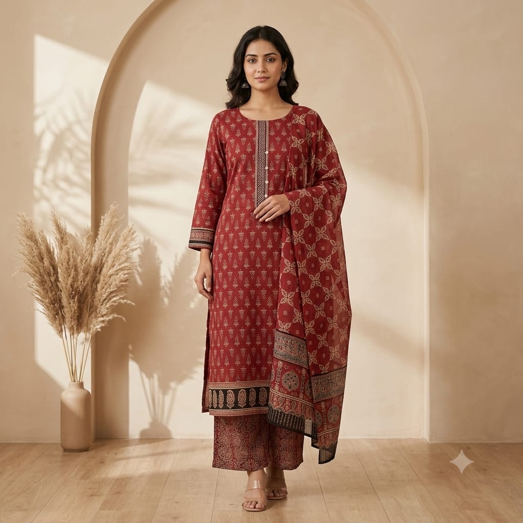 Rust buti print cotton three-piece suit set with embroidered yoke, palazzo and printed dupatta
