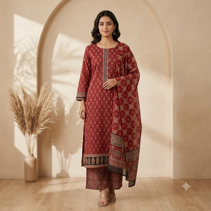 Rust buti print cotton three-piece suit set with embroidered yoke, palazzo and printed dupatta