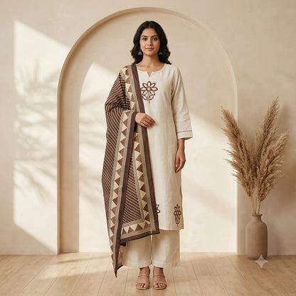 Cream handloom cotton A-line full suit with palazzo and brown Kota Doriya dupatta