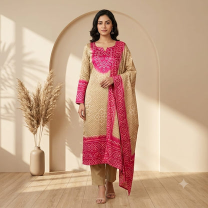 Olive Green and Pink Bandhani Print Gajji Full Suit with Mirror Work