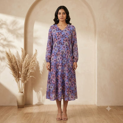 Lilac Floral Print Georgette One Piece