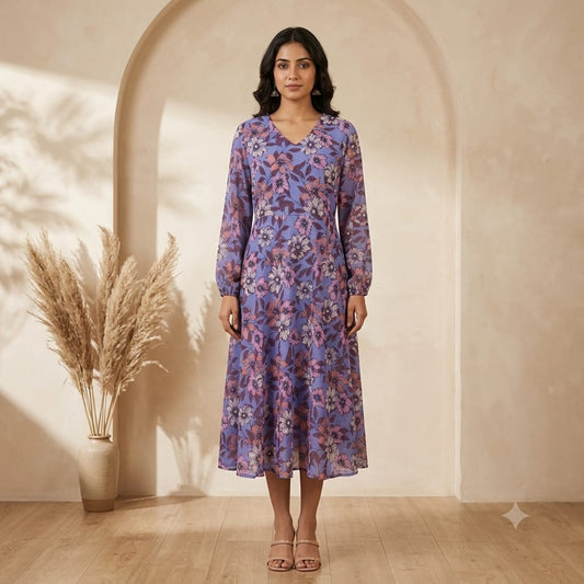 Lilac Floral Print Georgette One Piece