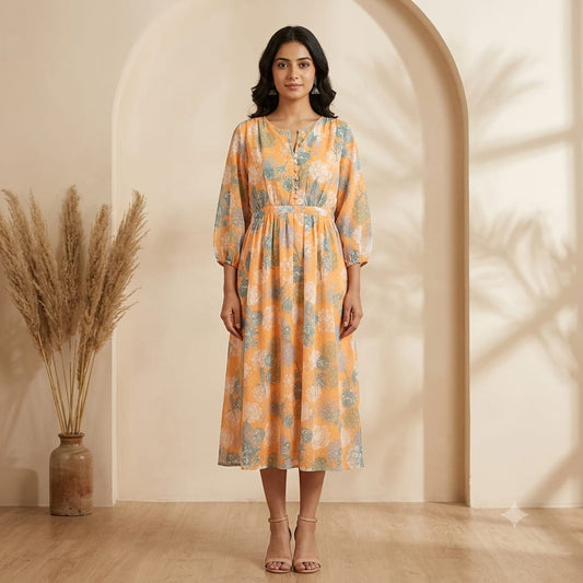 Mustard Floral Dobby Georgette Belted One Piece
