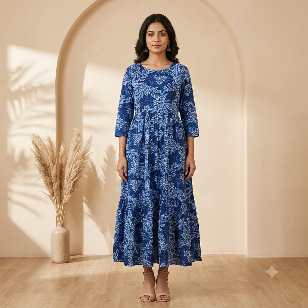 Blue Floral Print Cotton One Piece