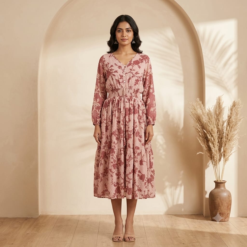 Brown Floral Dobby Georgette Smocked One Piece