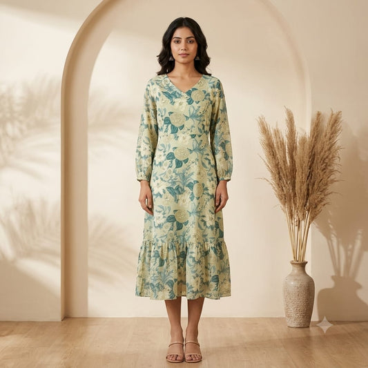 Light Green Floral Georgette A-Line One Piece