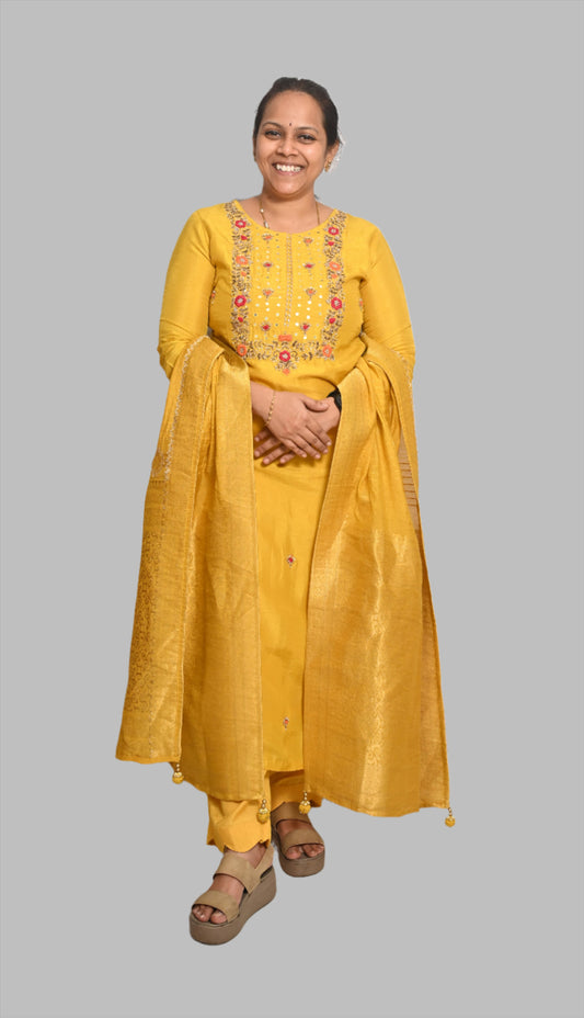 Mustard Yellow Silk Full Suit With Banarasi Dupatta