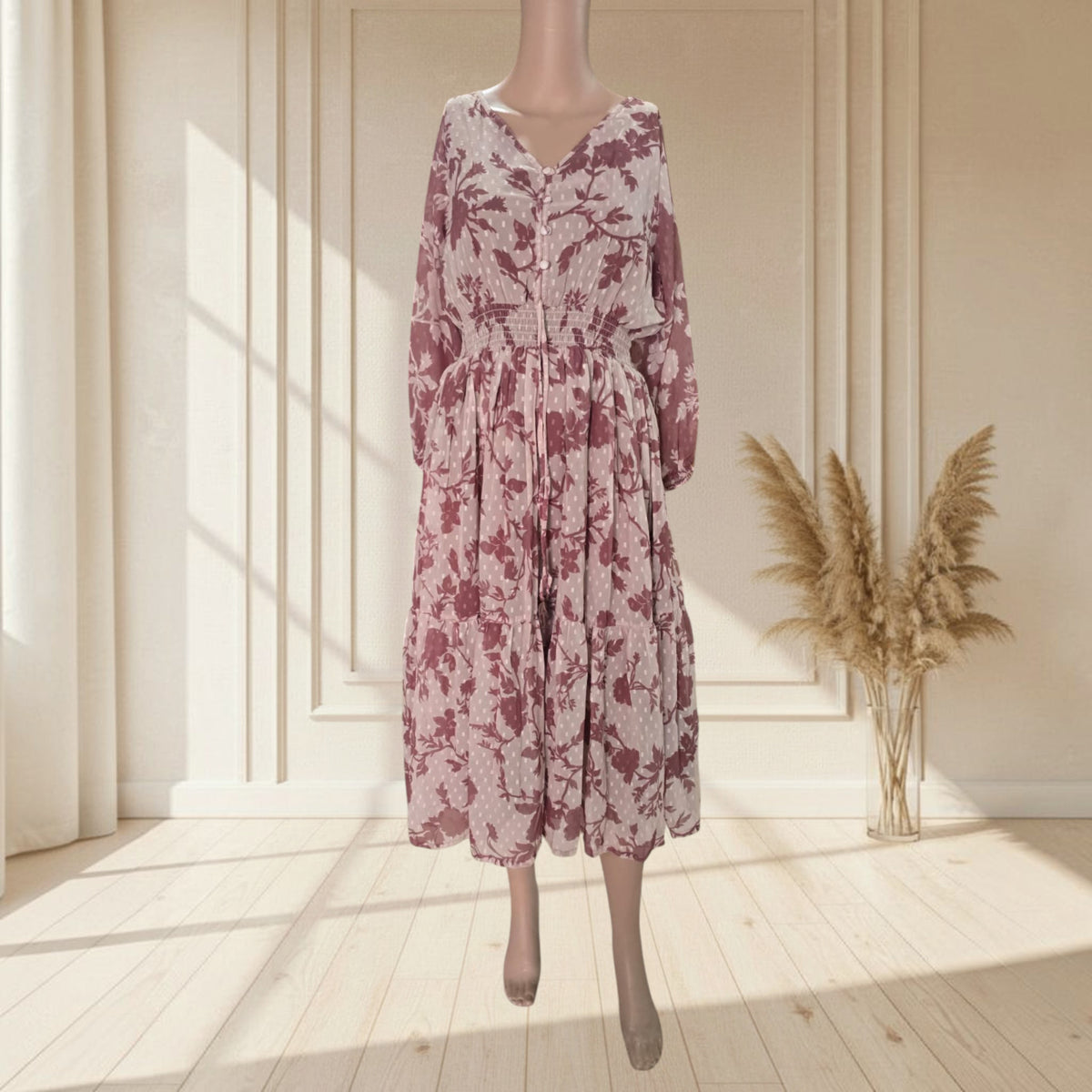 Brown Floral Dobby Georgette Smocked One Piece