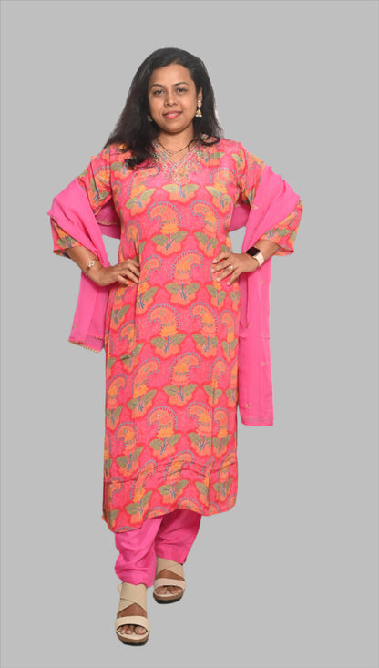 Pink Muslin Silk Full Suit with Organza Dupatta