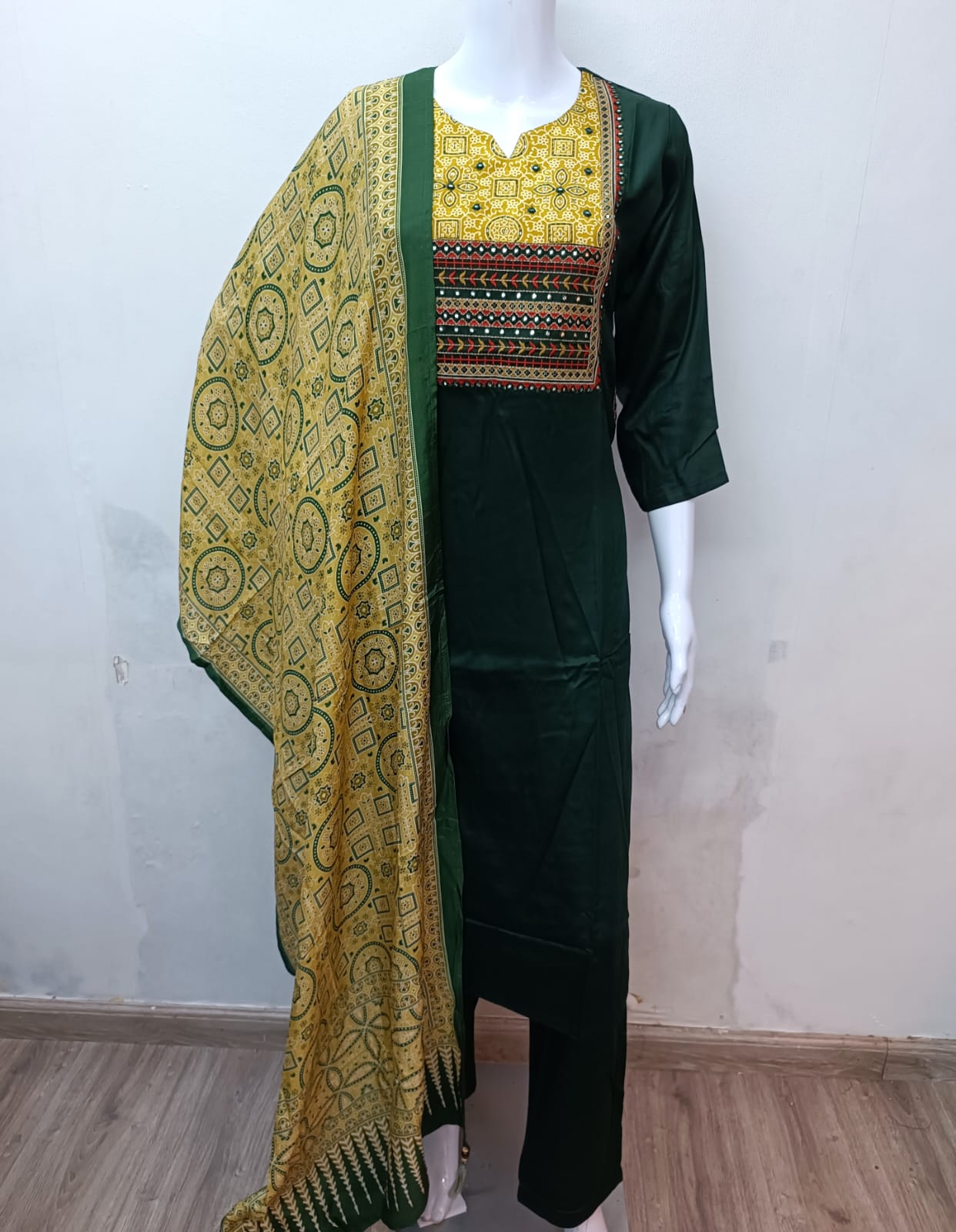 Green/Gray Gajji Silk Full Suit