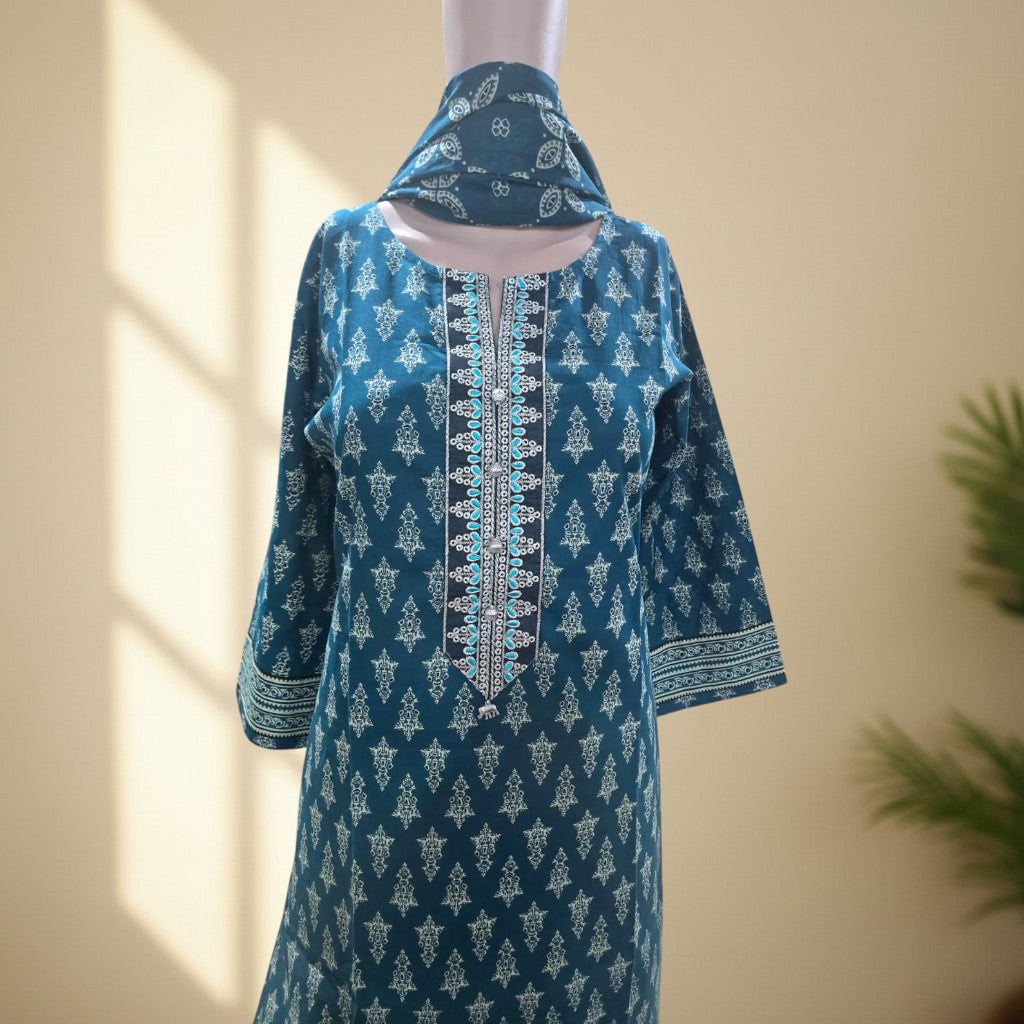 Buti print cotton suit with wide-border printed palazzo
