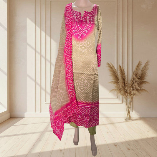 Olive Green and Pink Bandhani Print Gajji Full Suit with Mirror Work
