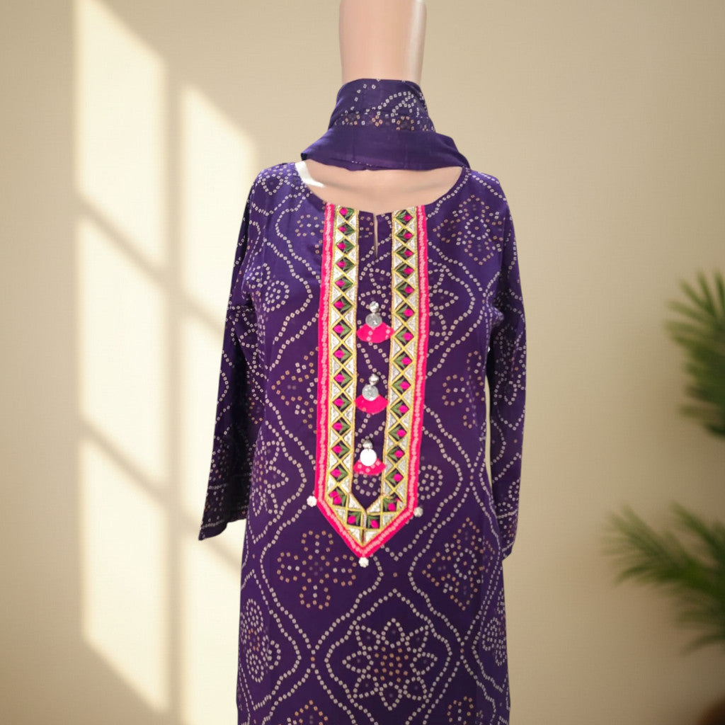 Deep purple cotton suit set with solid palazzo and Bandhani print dupatta