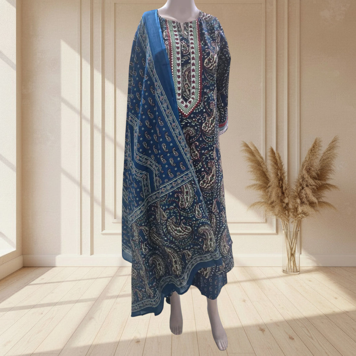 Navy cotton kurti with maroon, cream and green paisley print and printed sleeve borders