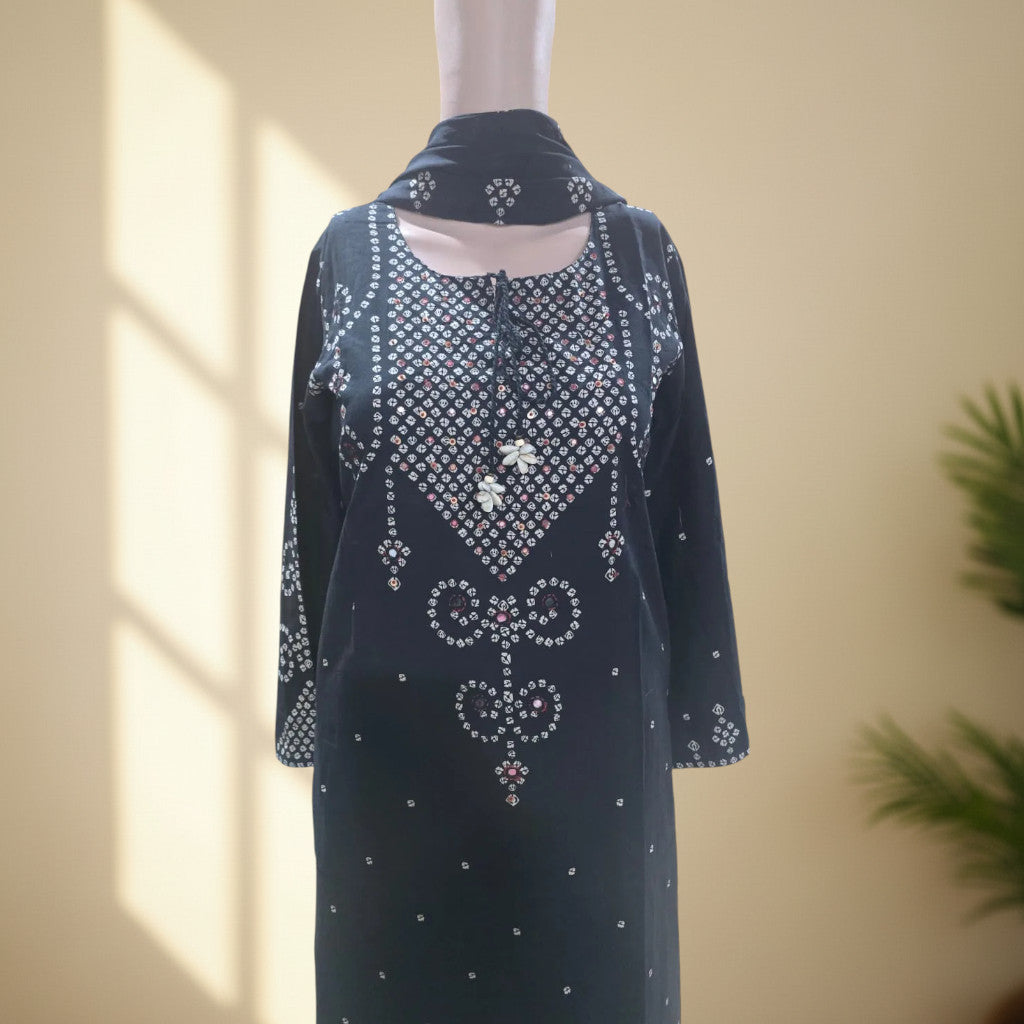 Black Bandhani print mul cotton suit set with matching Bandhani dupatta